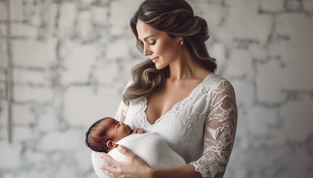 kobieta w białej bluzce trzyma na rękach niemowle